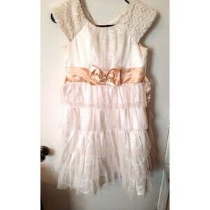 Jona Michelle Girls SZ 12 Gold Sparkle Dress– Cream/Off-White with Faux Fur Trim